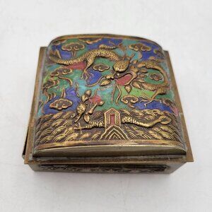 Vintage Repousse Chinese Dragon Brass Trinket Box with Enamel Coloring